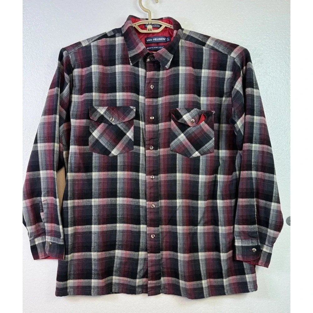 Vintage Van Heusen Mens XL Red Gray‎ Plaid Winterweight Flannel Shirt Shacket